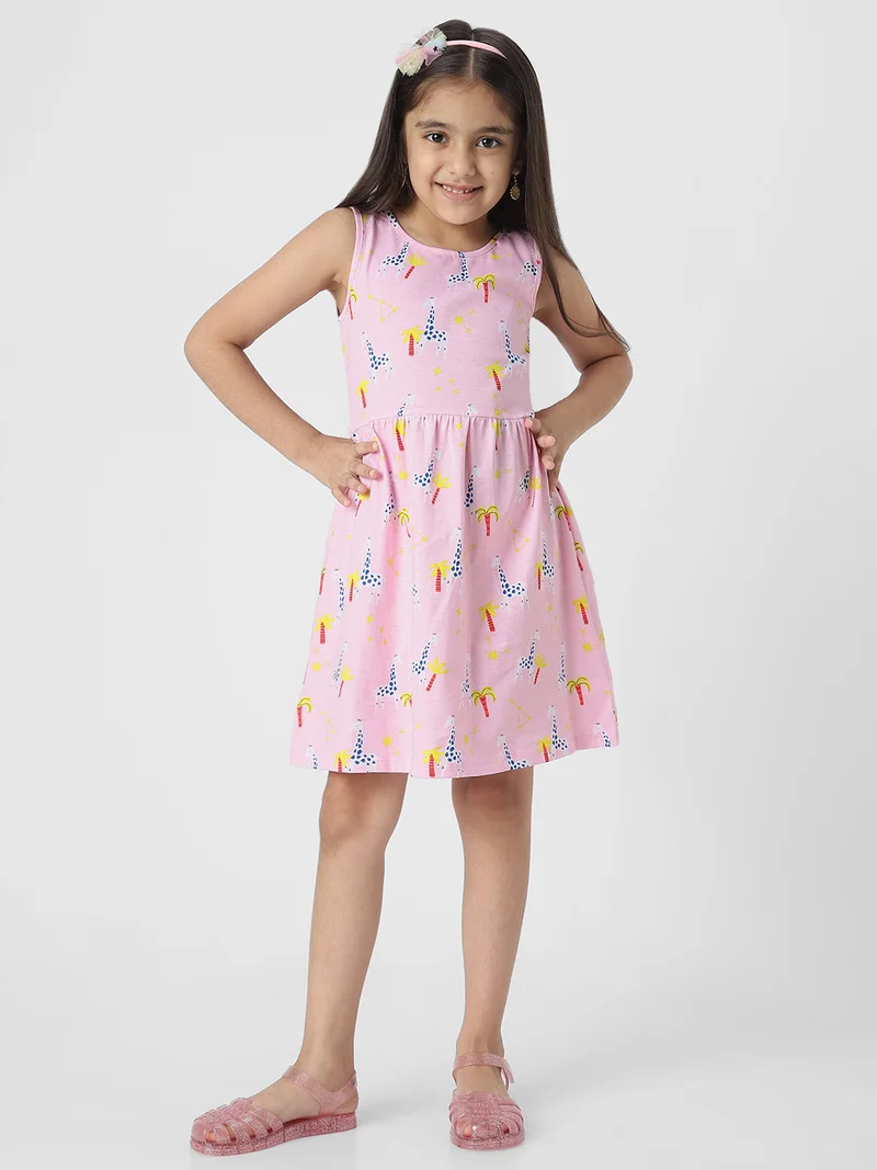 Nautinati  Nautianti Girls' 100% Cotton All-over Palm Tree, Giraffe Print Fit & Flare Dress for Women | Best Price UAE